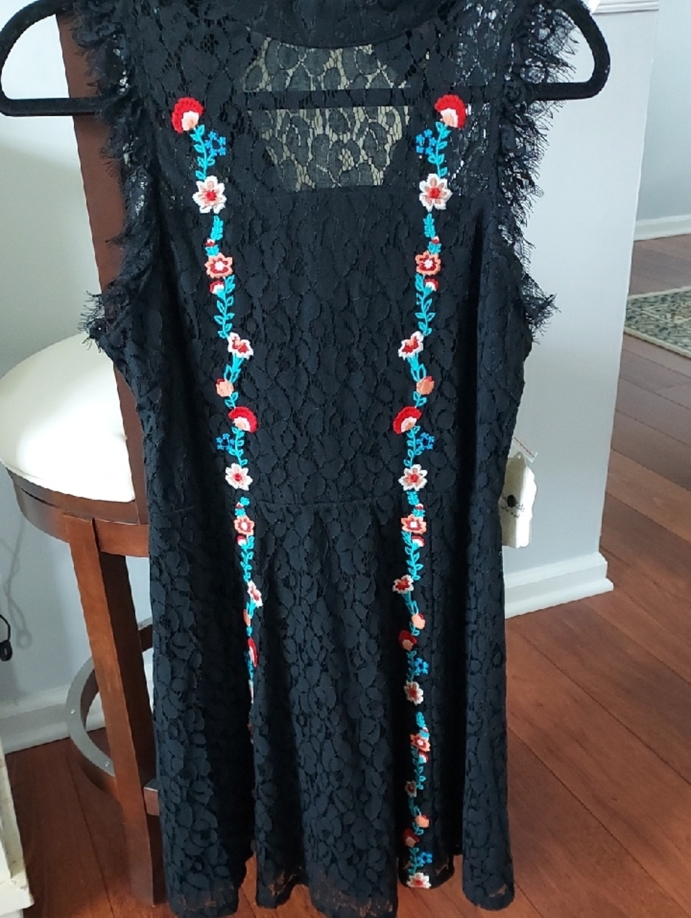 Altar'd State Black Lace Midi Dress with Red and Teal Floral Embroidery